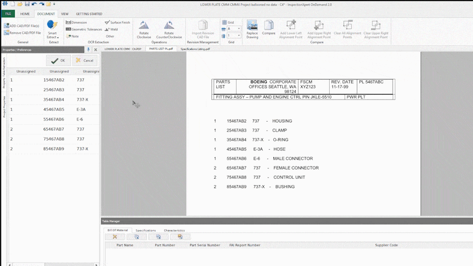 Gif showing InspectionXpert bill of materials columns 