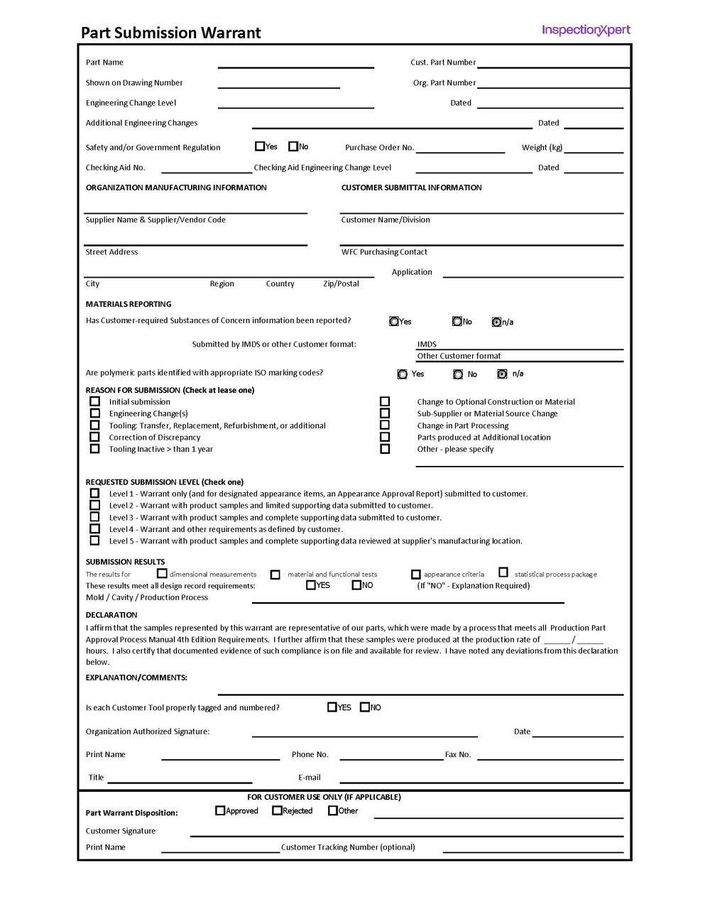 Part Submission Warrant (PSW) Template