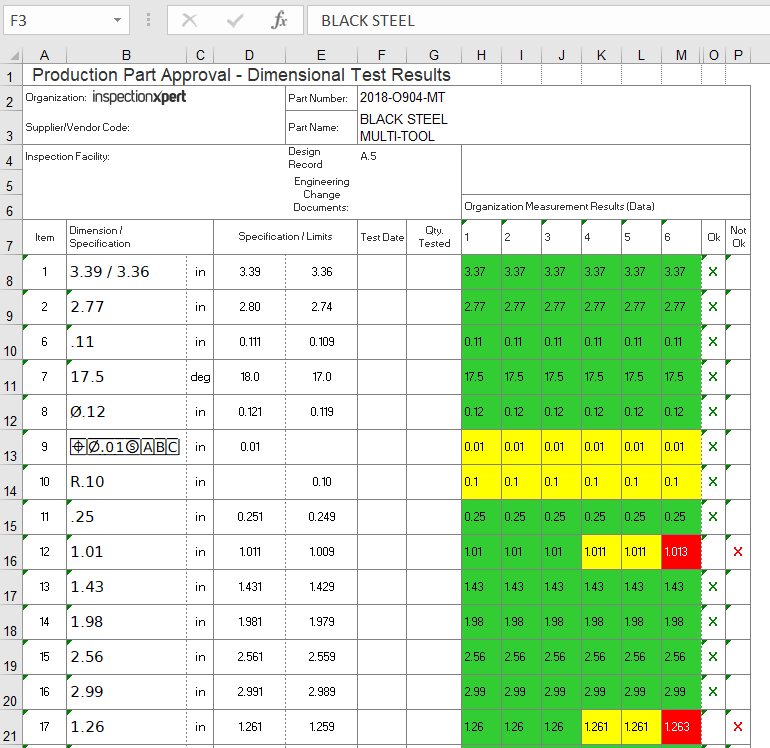 PPAP Dimensional Results Report in Excel